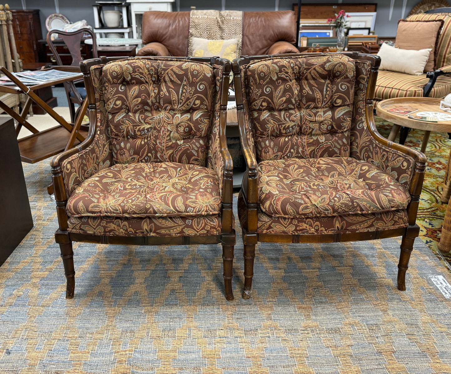 Vintage Upholstered Bamboo Style Arm Chairs