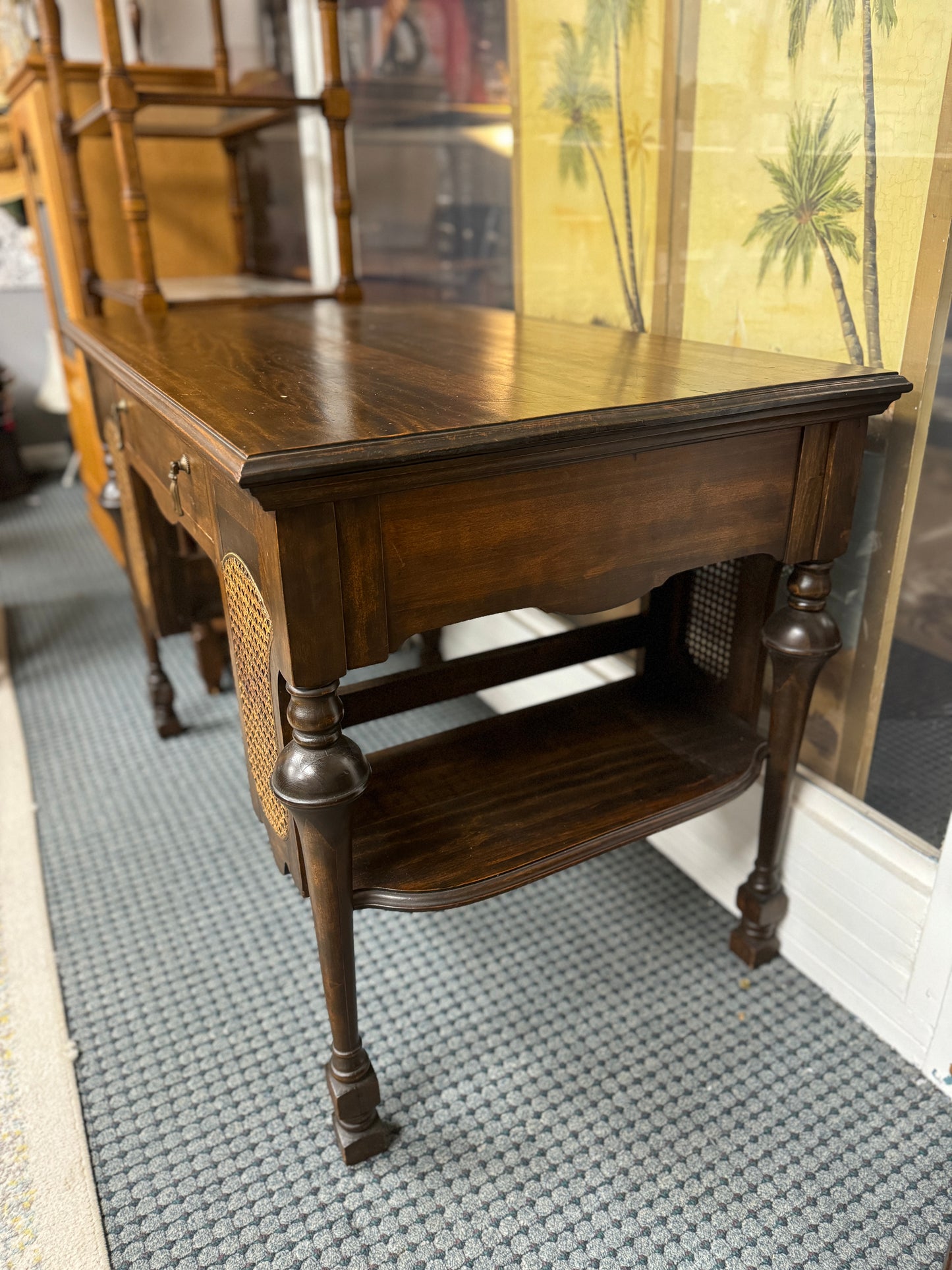 Vintage Desk with Cane Accents & Barrel Style Cane Chair