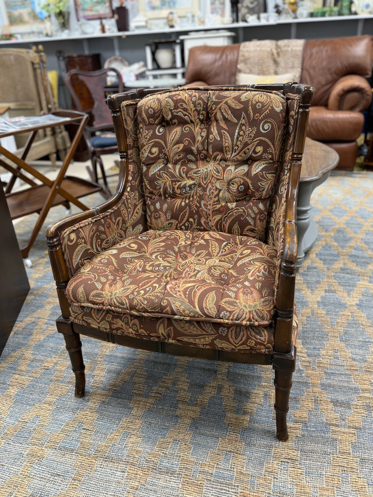 Vintage Upholstered Bamboo Style Arm Chairs