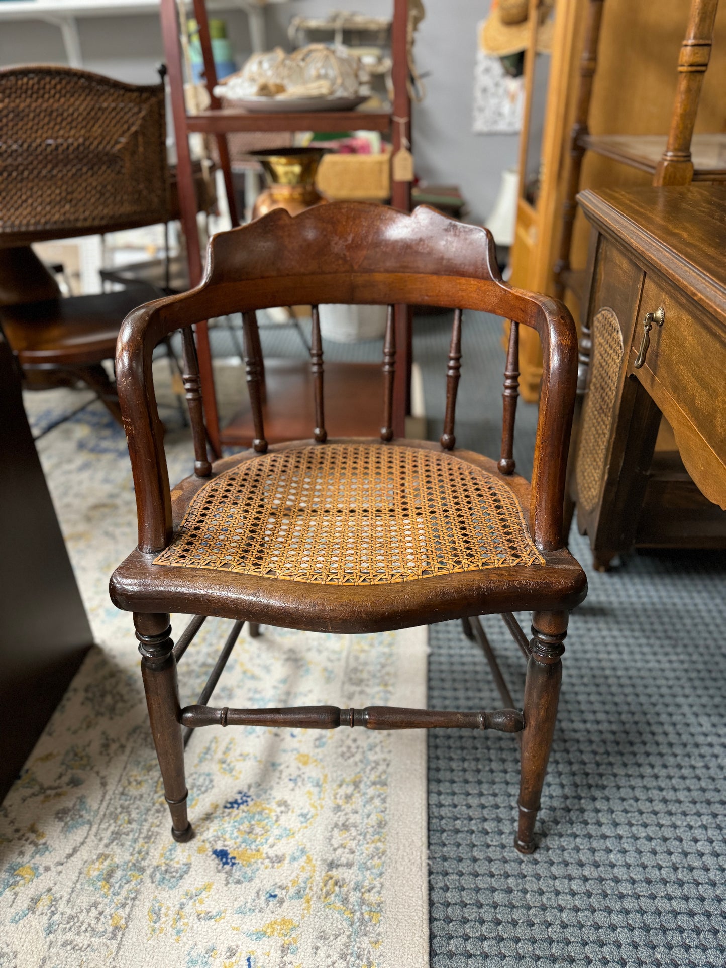 Vintage Desk with Cane Accents & Barrel Style Cane Chair