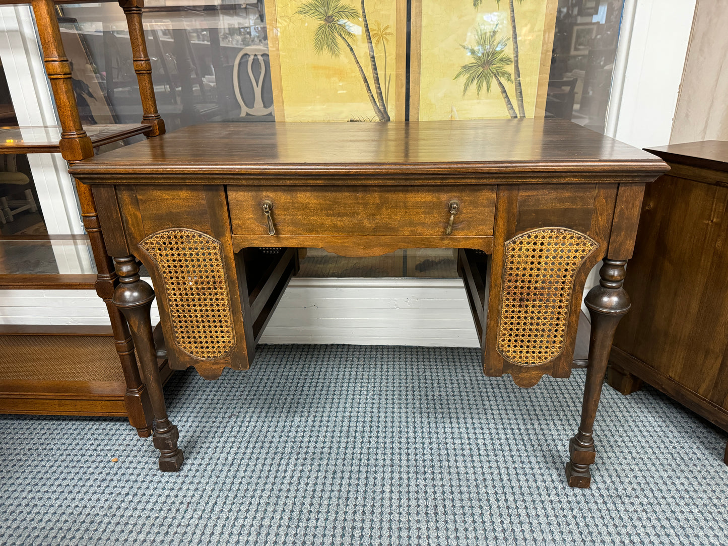 Vintage Desk with Cane Accents & Barrel Style Cane Chair