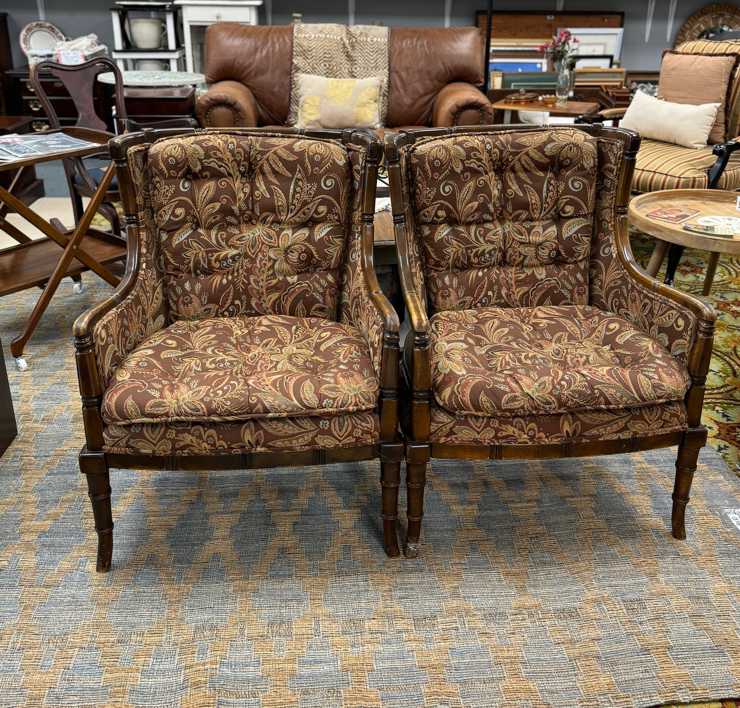 Vintage Upholstered Bamboo Style Arm Chairs