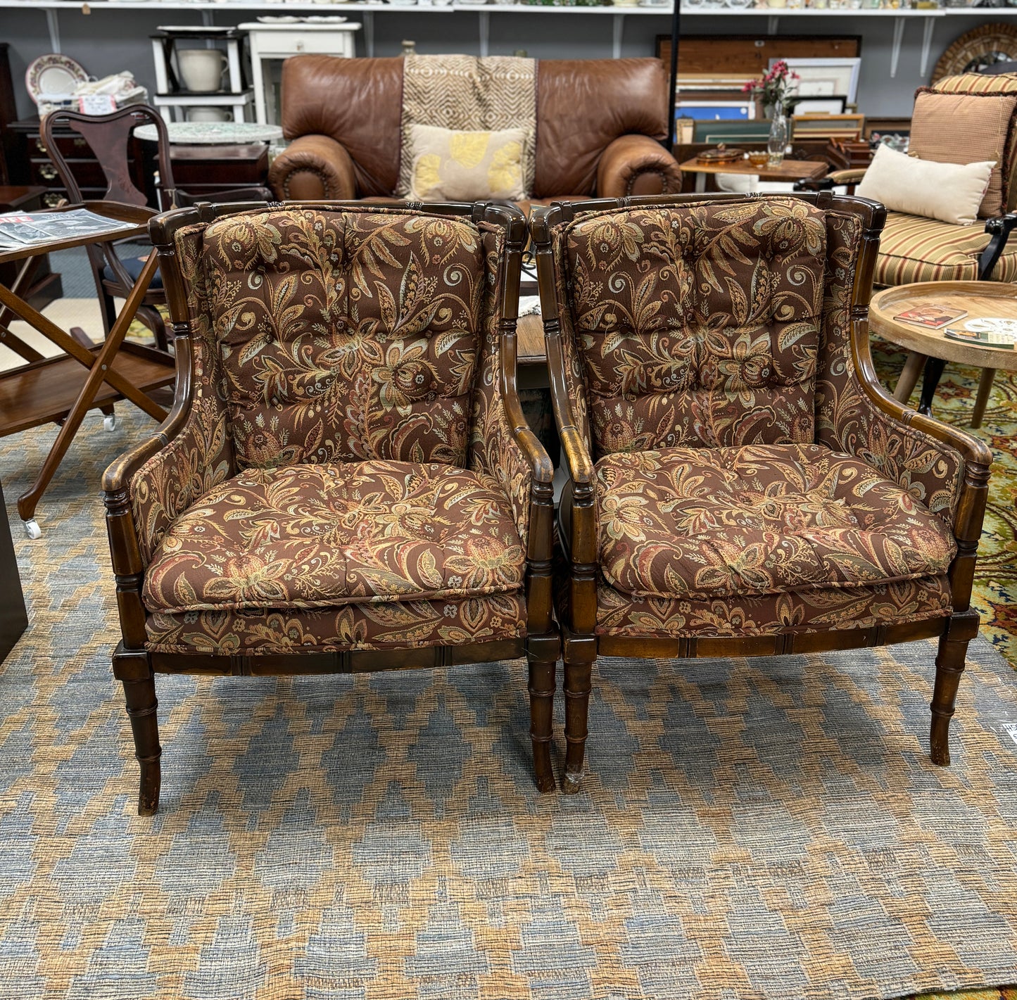 Vintage Upholstered Bamboo Style Arm Chairs