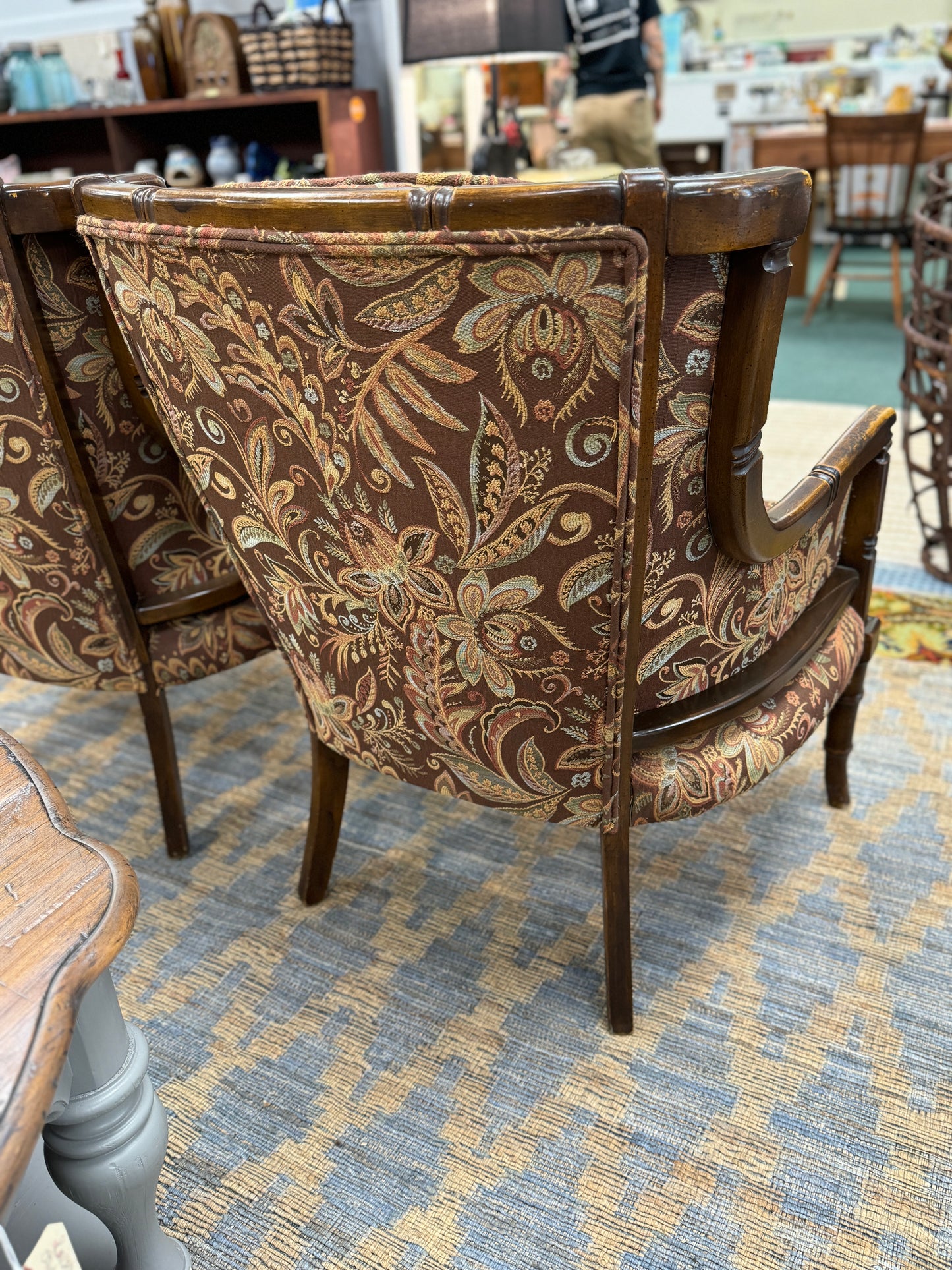 Vintage Upholstered Bamboo Style Arm Chairs