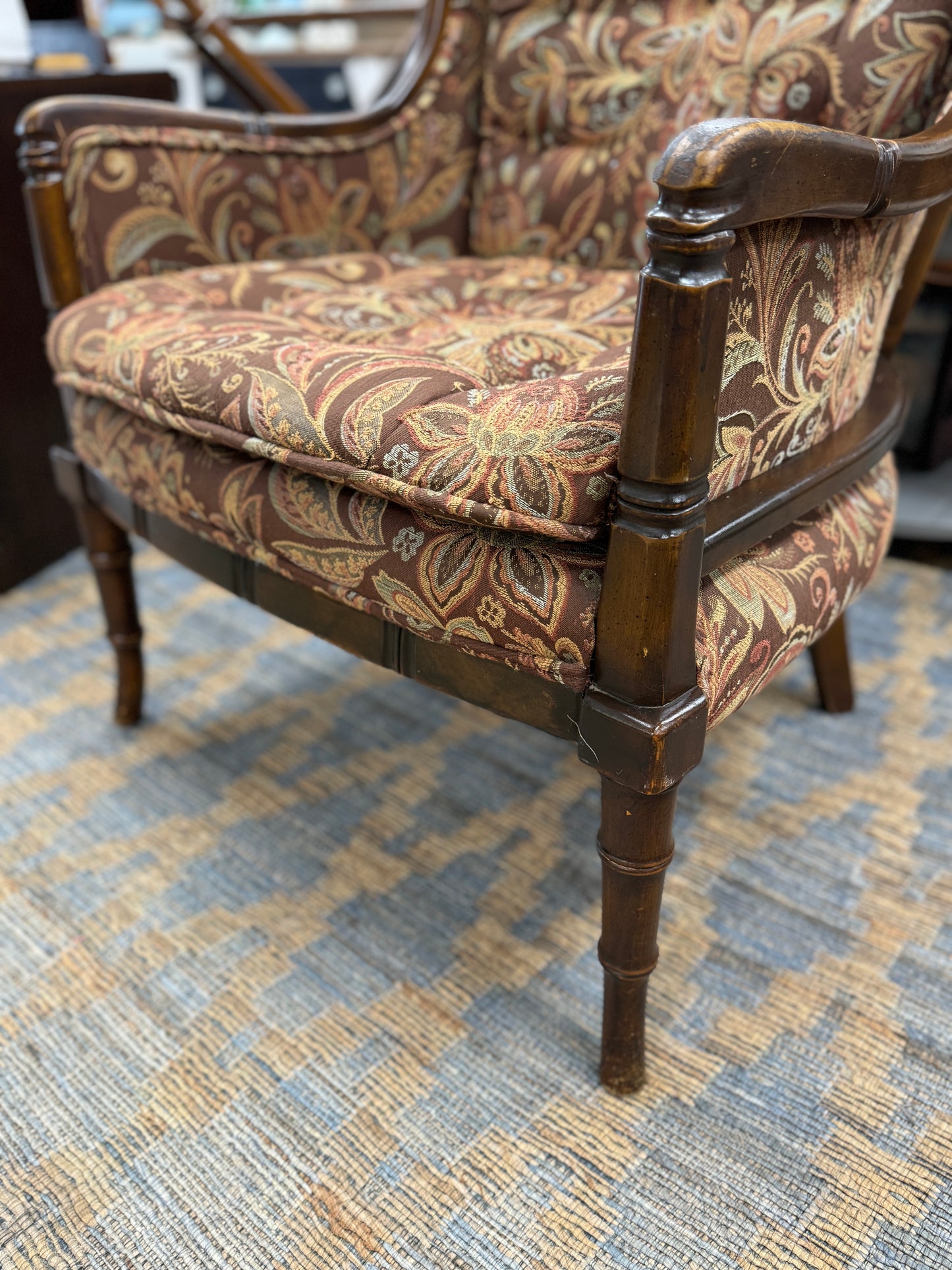 Vintage Upholstered Bamboo Style Arm Chairs